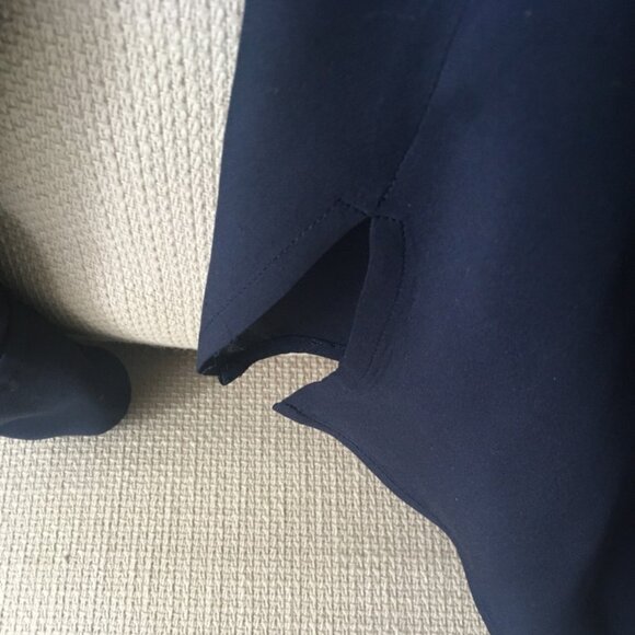 Elegant, deep blue Vince silk blouse, size 12. Generous front drape w/ button. - Picture 3 of 7